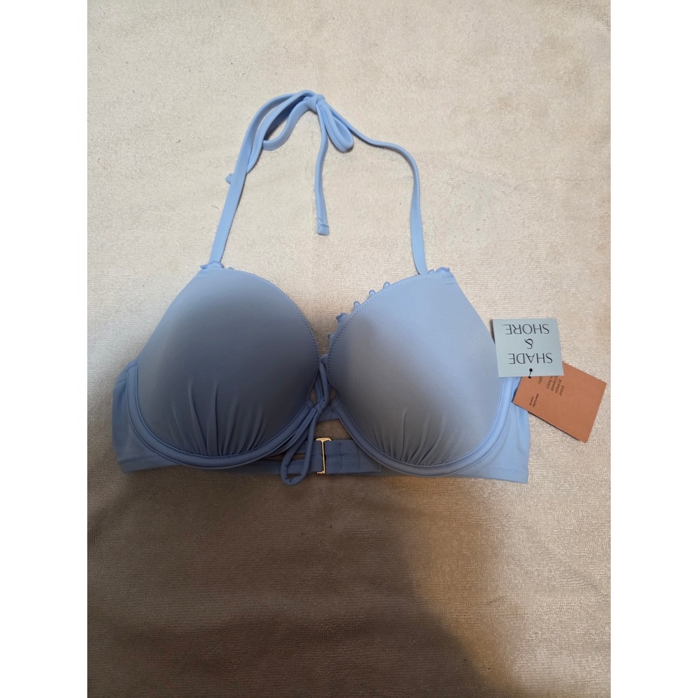 Shade & Shore Light Blue Ruffle Underwire Halter Bikini Top 34DD New